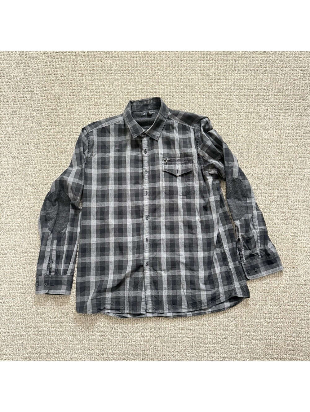 Kenneth Cole Button Down Mens XXL Black Gray Plaid Long Sleeve  w/ Arm Patches